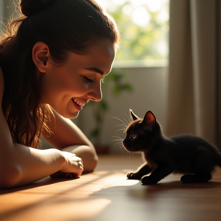 Mulher observando filhote de gato preto em um quarto ensolarado.