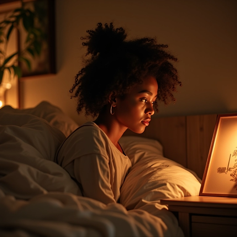 Mulher observando foto em quarto aconchegante, lembrando de ente querido falecido.
