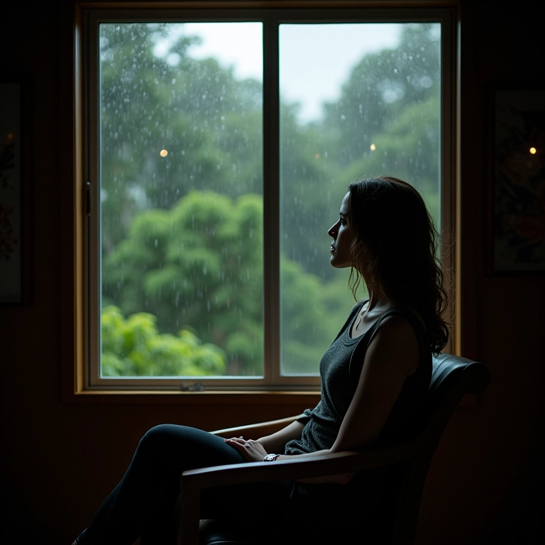 Mulher olhando a chuva pela janela, refletindo sentimentos reprimidos.