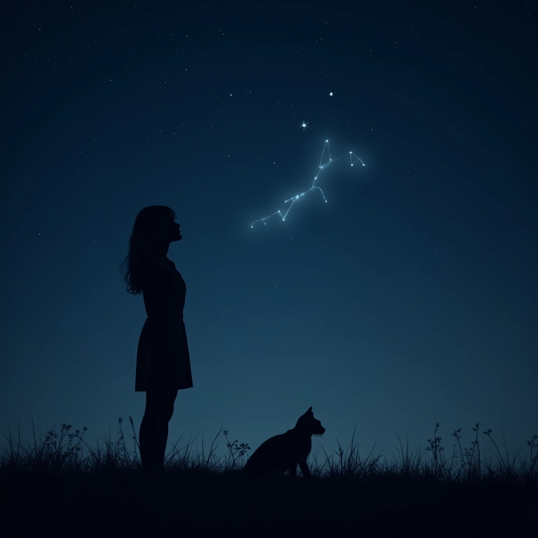 Mulher olhando constelação de gato no céu noturno, representando sonhos e mistério.
