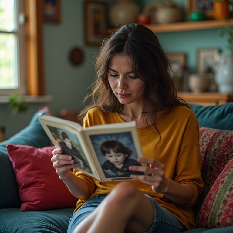 Mulher olhando fotos antigas, sentada no sofá, com expressão nostálgica.