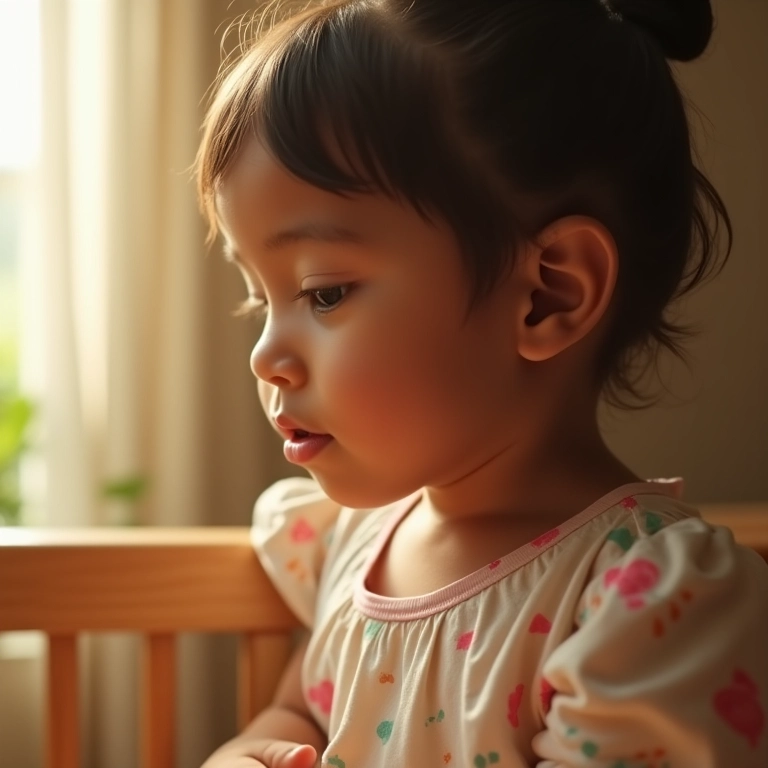 Mulher olhando para berço vazio com expressão carinhosa.