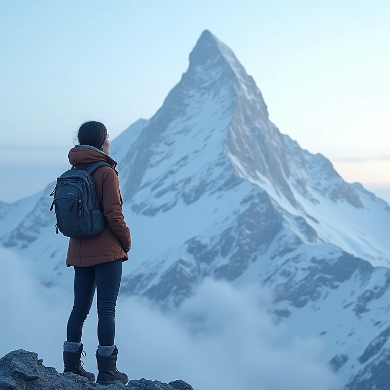 Mulher olhando para uma montanha gigante com um yeti no topo, simbolizando grandes desafios a serem superados.