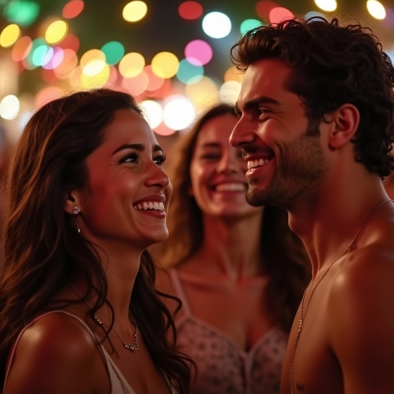 Mulher olhando tristemente para casal rindo em festa vibrante de rua no Brasil.