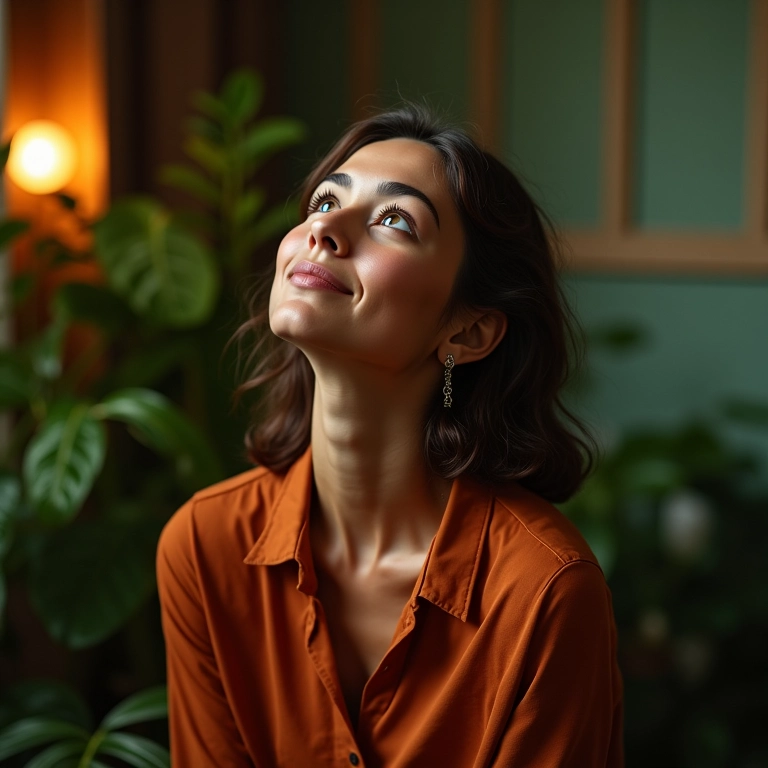 Mulher parda com olhar sereno em ambiente vibrante, buscando mensagens espirituais.