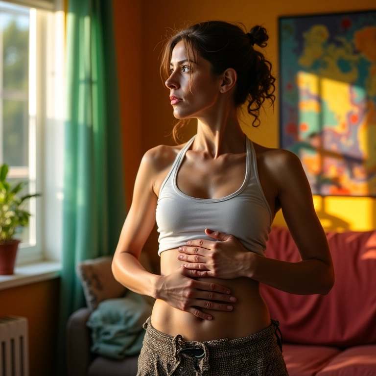 Mulher pensando em sua saúde em um ambiente aconchegante.