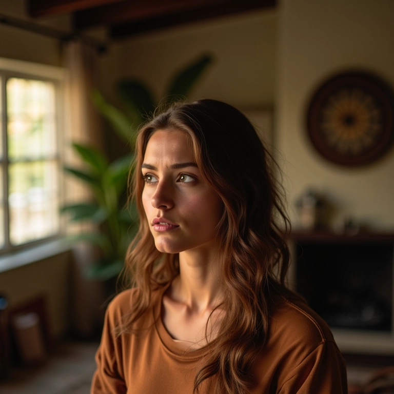 Mulher pensativa em sala ensolarada, refletindo sobre o significado de sonhar com o irmão.