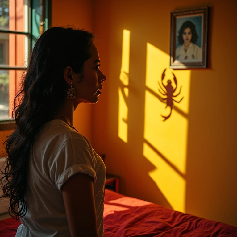 Mulher pensativa observa sombra de escorpião na parede do quarto decorado em estilo brasileiro.