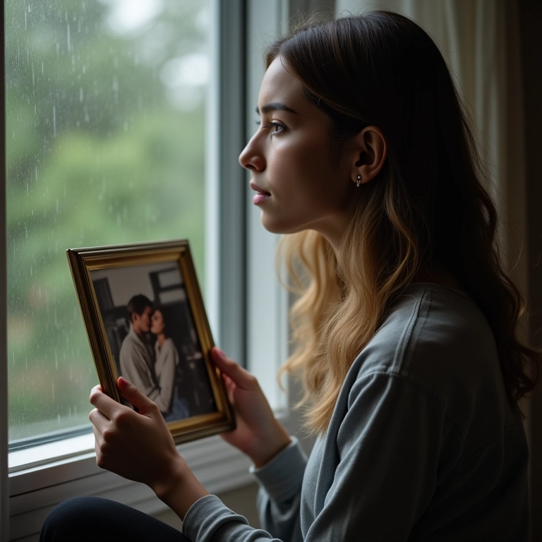 Mulher pensativa olhando a chuva, lembrando de um amor passado.