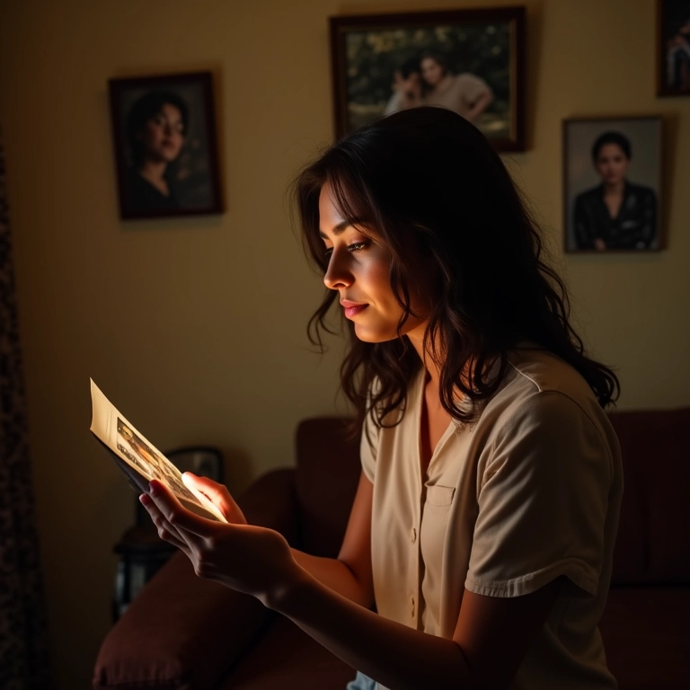 Mulher pensativa olhando fotos antigas em sala de estar com estilo brasileiro, refletindo sobre o passado.