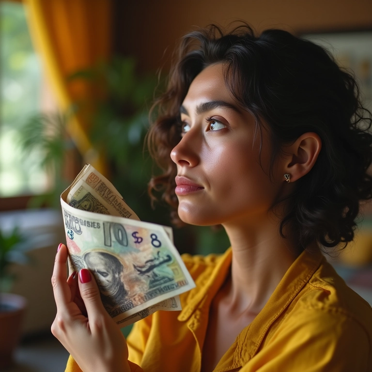 Mulher pensativa olhando notas de Real espalhadas em sala colorida.