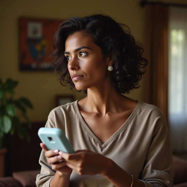 Mulher pensativa segurando babá eletrônica em sala aconchegante.