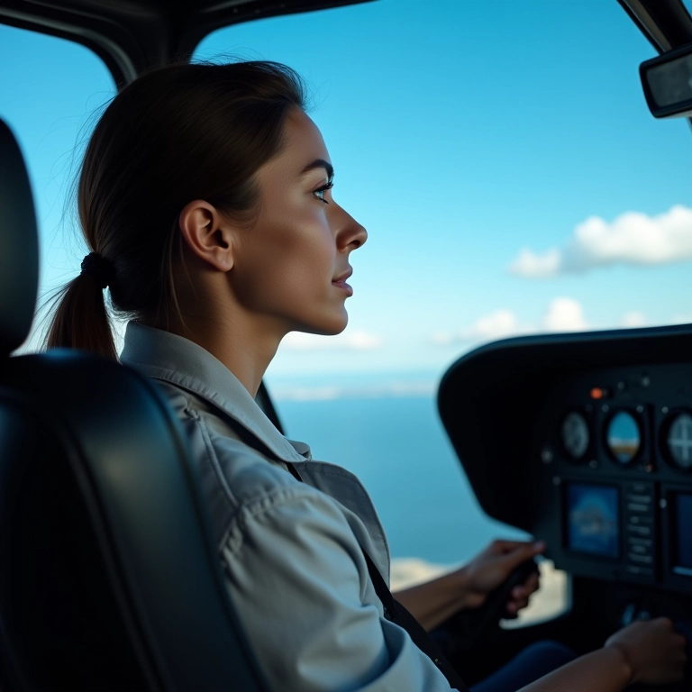 Mulher pilotando um helicóptero com confiança.