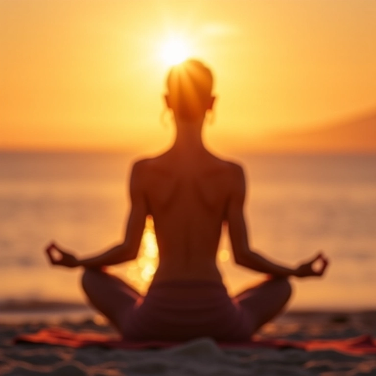 Mulher praticando yoga ao nascer do sol, transmitindo paz e equilíbrio.