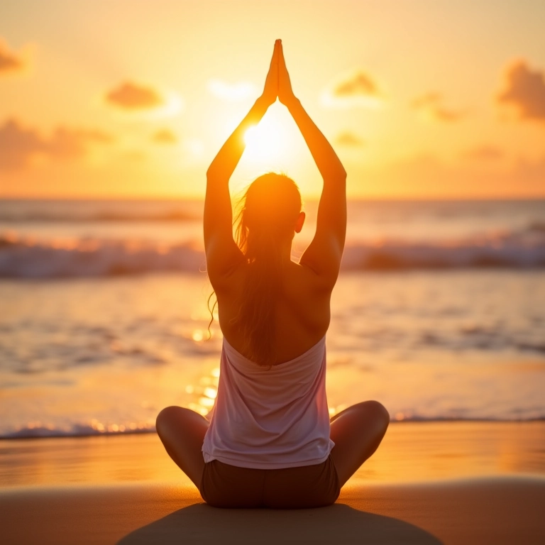 Mulher praticando yoga na praia, encontrando paz após um pesadelo com a morte.