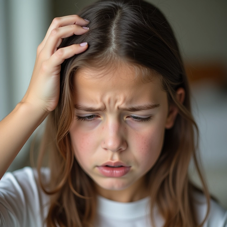Mulher preocupada coçando a cabeça, foco no cabelo. Preocupação com infestação de piolhos.