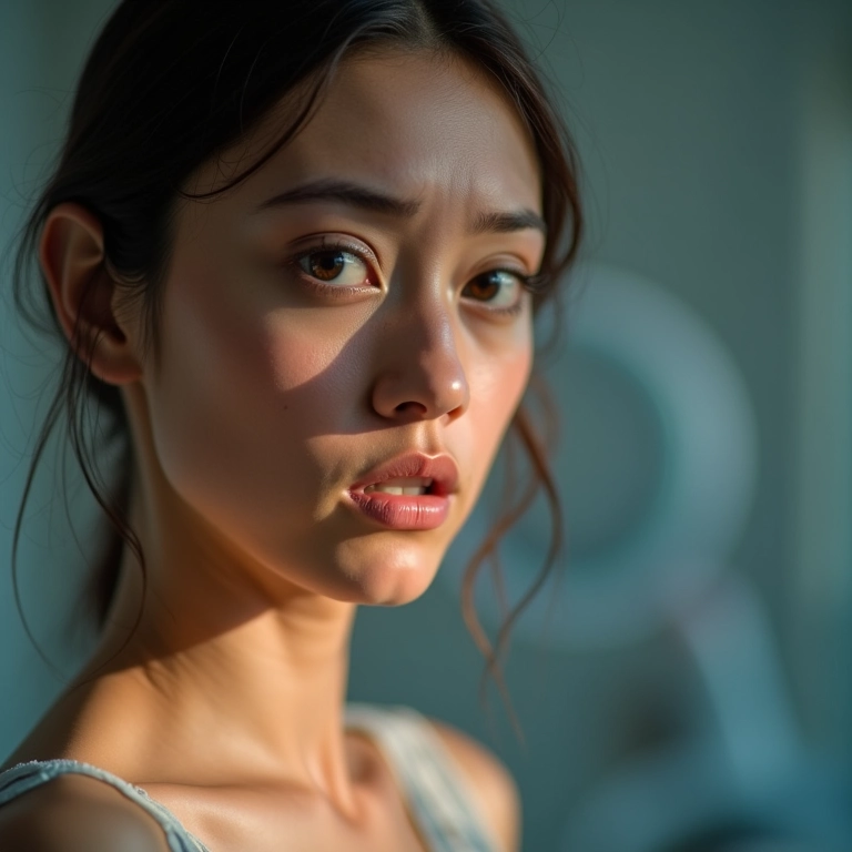 Mulher preocupada com a ideia de injeção, fundo médico desfocado.