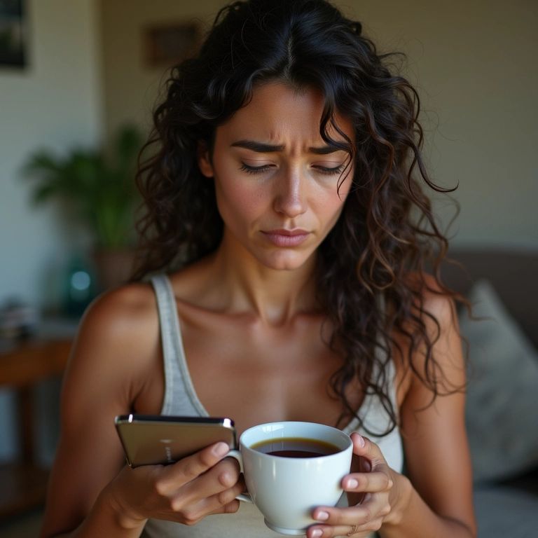 Mulher preocupada com a saúde da mãe, segurando uma xícara de chá.