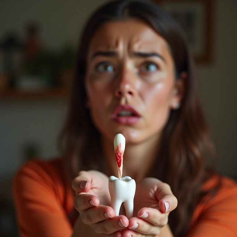 Mulher preocupada com dente caindo com sangue na mão.