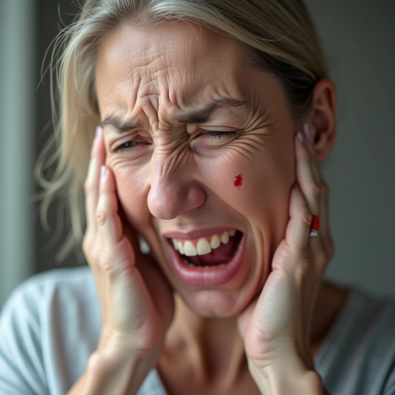 Mulher preocupada com sangramento após sonhar com dente quebrado.