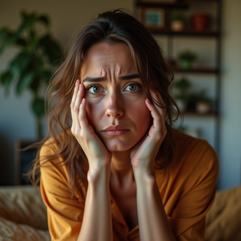 Mulher preocupada em casa, pensando sobre sonhos com vômito.