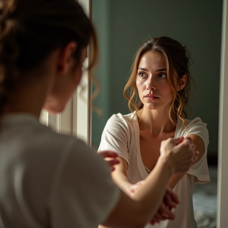 Mulher preocupada examinando o braço no espelho com imagem sutil de larvas na pele.