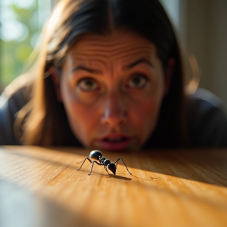 Mulher preocupada observando formigas em sua mesa, questionando o significado.