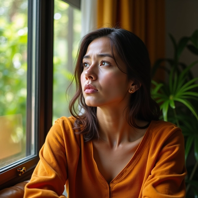 Mulher preocupada observando sombra de helicóptero.