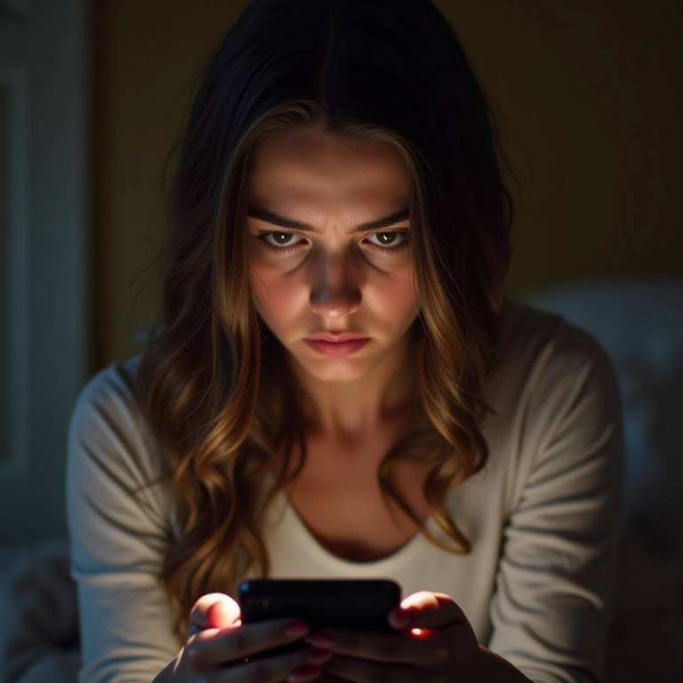 Mulher preocupada olhando o celular, notificação de mensagem.