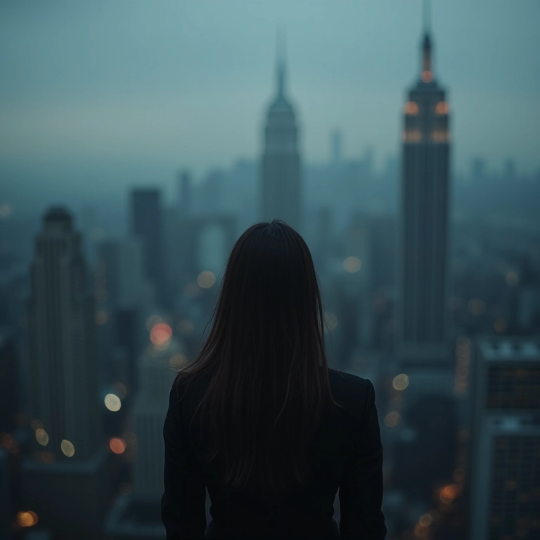 Mulher preocupada olhando para horizonte sombrio da cidade, medo do futuro.