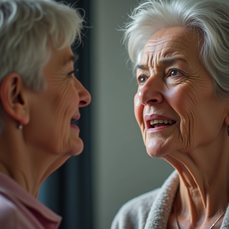 Mulher preocupada olhando para outra pessoa com dente quebrado.