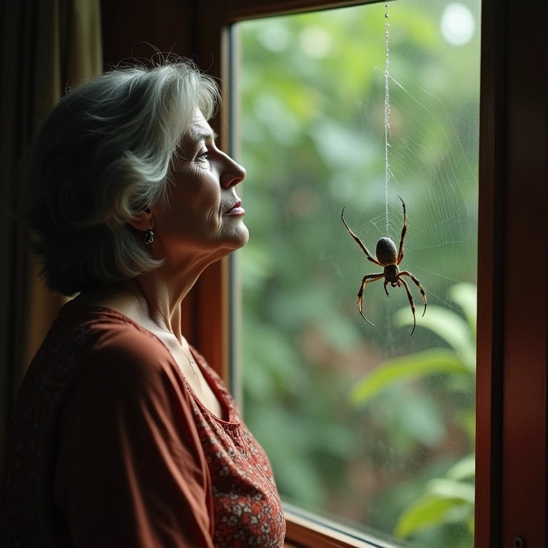 Mulher preocupada olhando para teia de aranha em janela ensolarada.