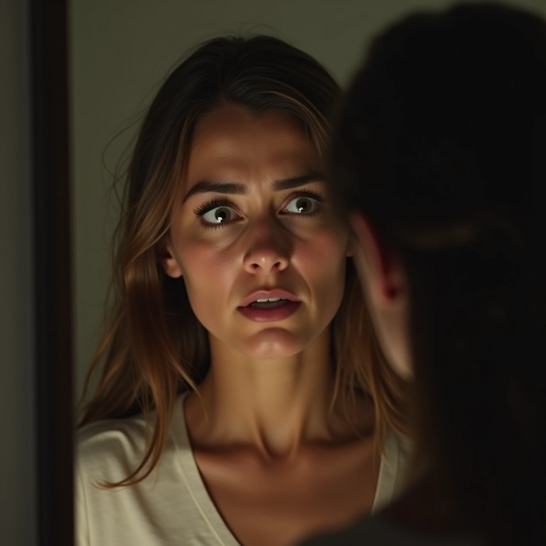 Mulher preocupada olhando seu cabelo ralo no espelho.