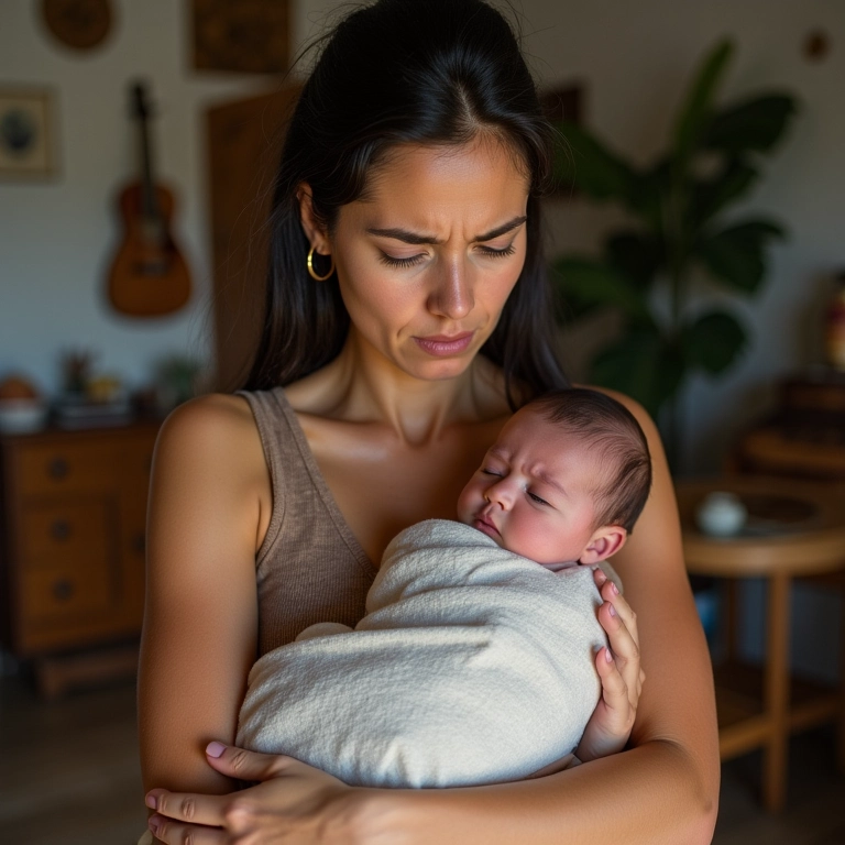 Mulher preocupada segurando bebê no colo, ambiente brasileiro.