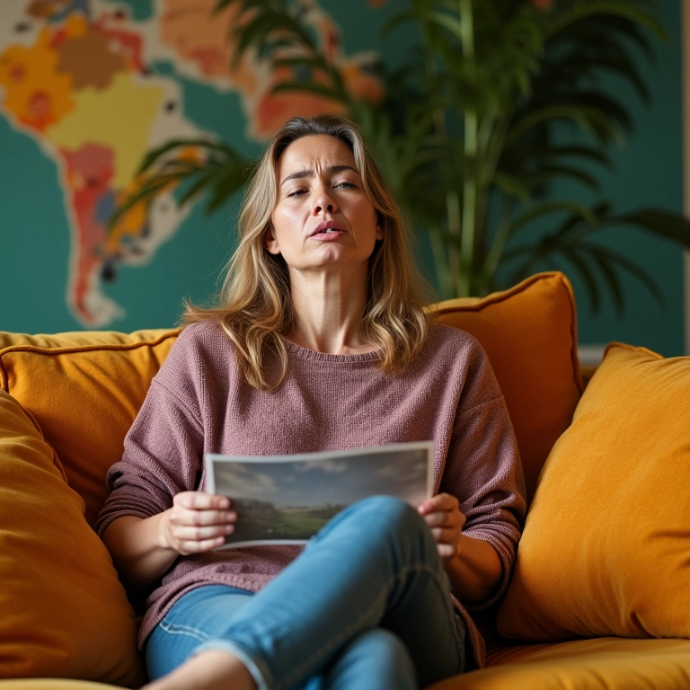 Mulher preocupada sentada no sofá com foto na mão, expressando tristeza e reflexão.