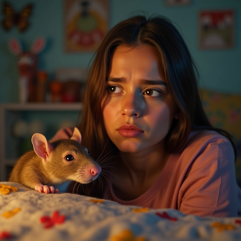 Mulher preocupada sonhando com um rato, em ambiente vibrante e colorido.