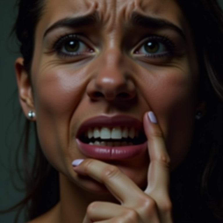 Mulher preocupada tocando a boca com dente faltando, expressando ansiedade.