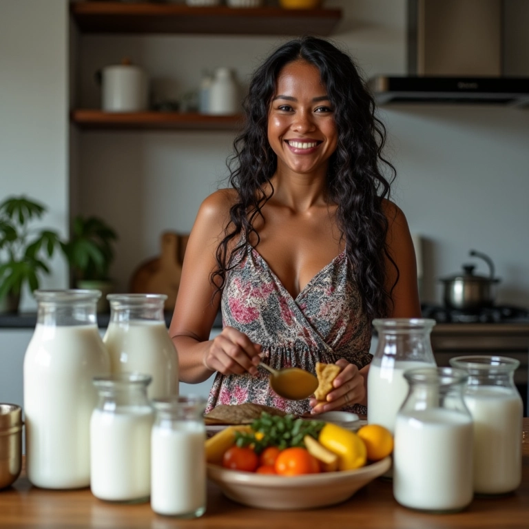 Mulher preparando alimentos com leite fresco em cozinha, simbolizando abundância em todas as áreas.