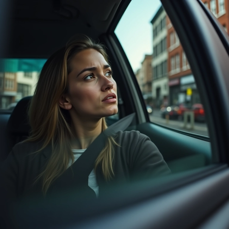 Mulher presa em um carro, olhando ansiosamente pela janela.