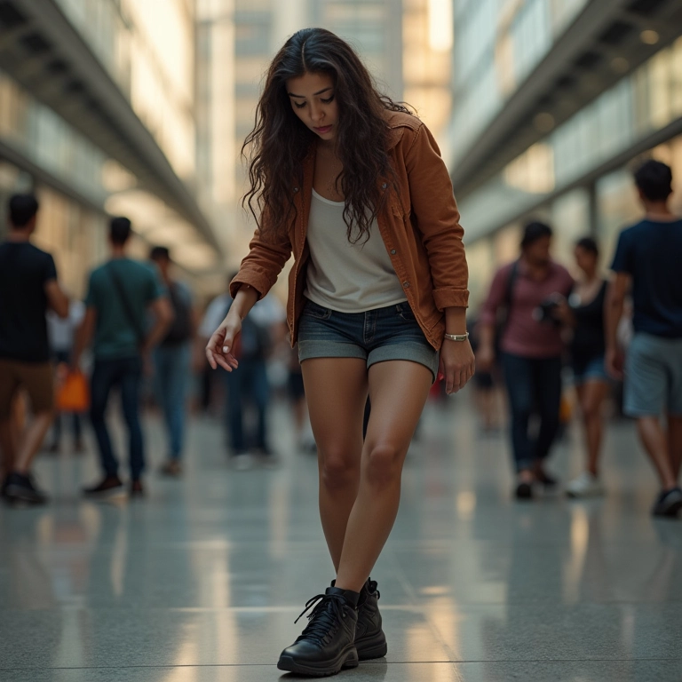 Mulher procurando sapatos perdidos em local público, expressando preocupação.