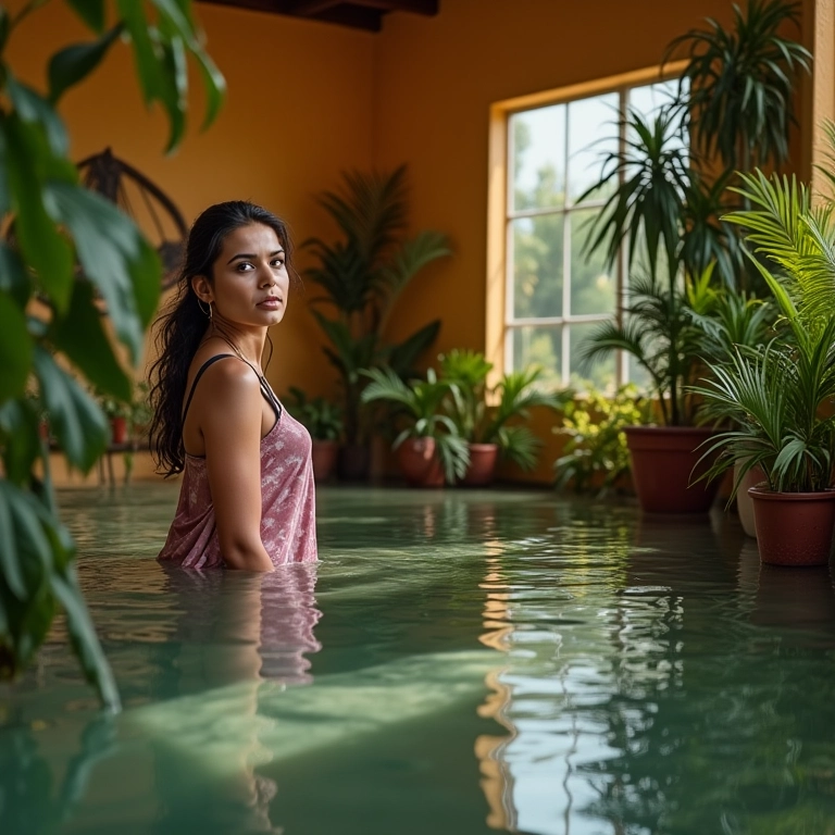 Mulher reflexiva em sala alagada com água limpa, decoração vibrante e estilo brasileiro.