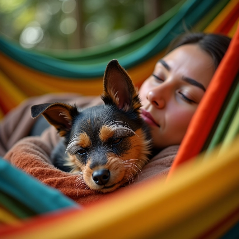 Mulher relaxando com Yorkshire no colo, representando sonhos e bem-estar.