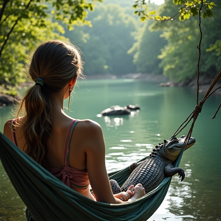 Mulher relaxando em rede com jacaré à espreita no rio, representando sonhos com jacaré.
