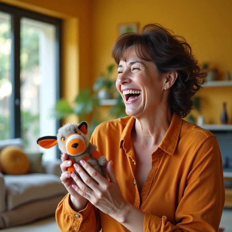 Mulher rindo enquanto brinca com um brinquedo de corda, representando alegria e diversão.