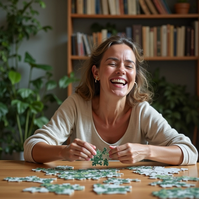 Mulher rindo enquanto resolve um quebra-cabeça.