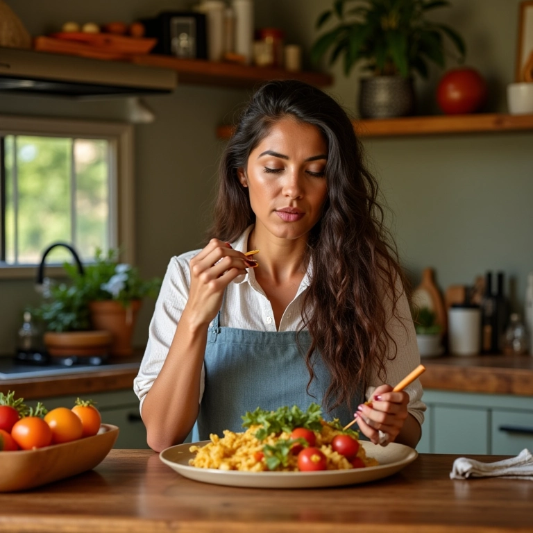 Mulher saboreando prato salgado em cozinha colorida.
