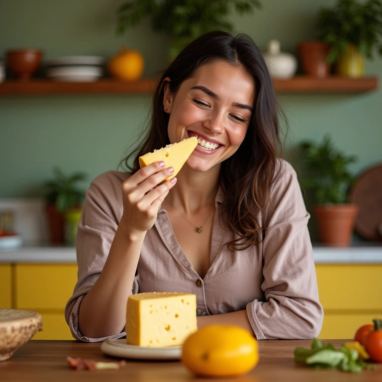 Mulher saboreando queijo em cozinha brasileira vibrante, representando o ato de comer queijo em sonhos.