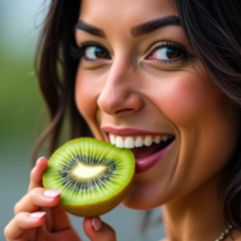 Mulher saboreando um kiwi com expressão de prazer.