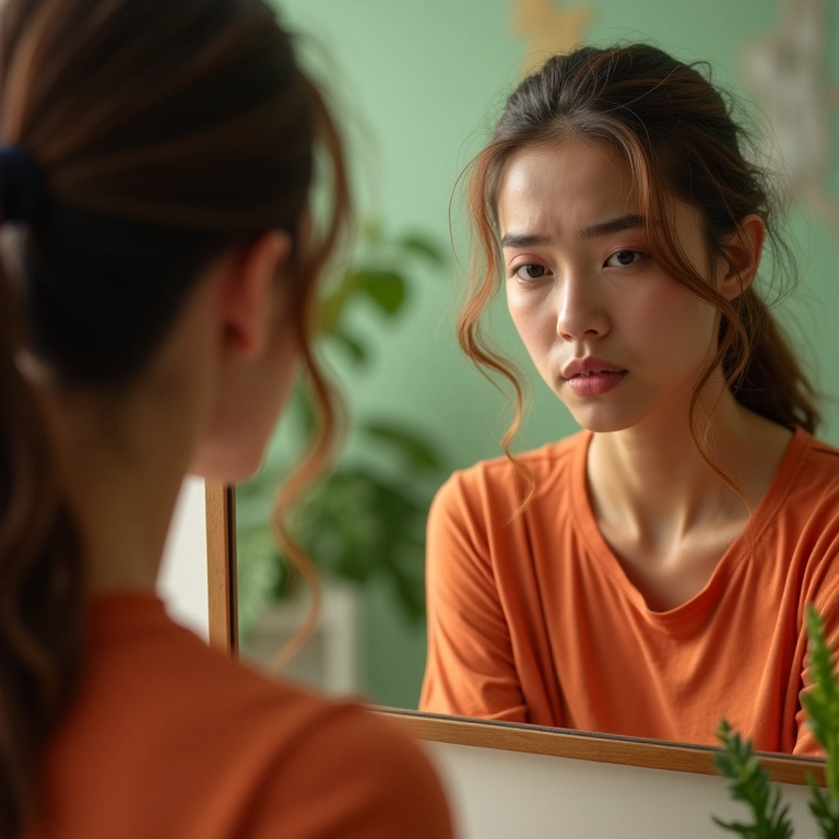 Mulher se olhando no espelho com expressão insegura em banheiro vibrante.