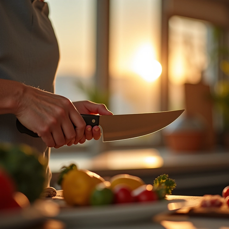 Mulher segurando uma faca na mão em uma cozinha iluminada.
